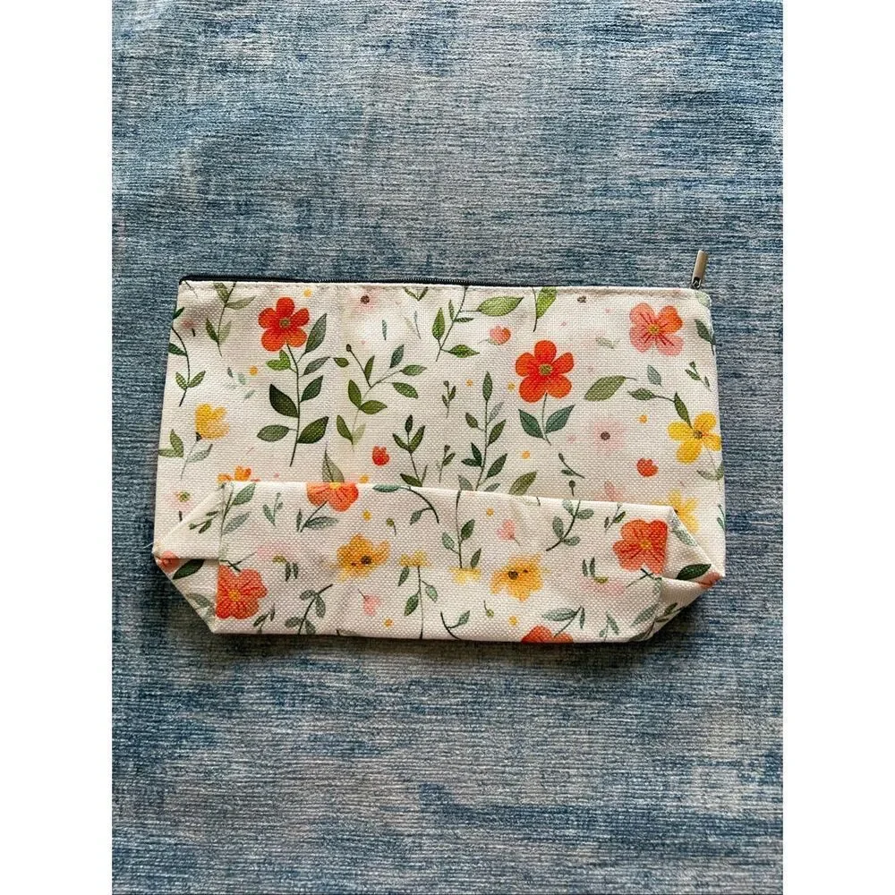 Orange Yellow Flower Cotton Canvas Small Makeup Bag Travel Toiletry Pouch